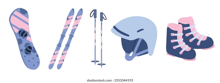 Set for winter sport activities snowboard, skis, pair of ski poles, protective helmet, ski boots in blue and pink colors on white background. Hand drawn vector illustration in flat style