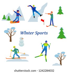 Set of winter sport activities vector illustration isolated on white.