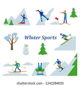 Set of winter sport activities vector illustration isolated on white.