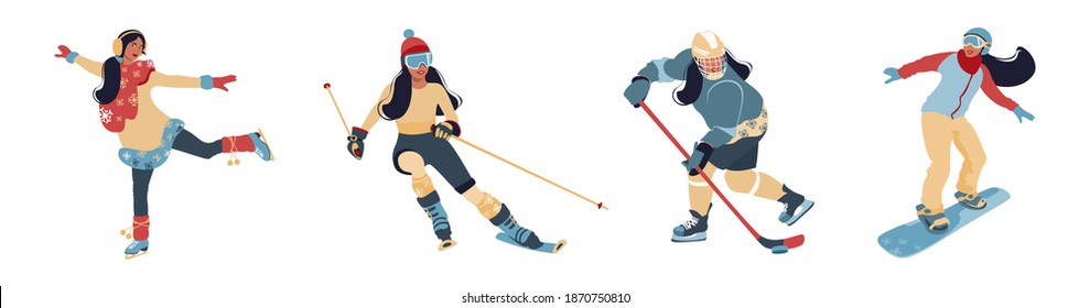 Set of winter sport activities vector flat illustration isolated on white background. Girls doing ice skating, skiing, snowboarding, hockey girl. Winter outdoor activities.