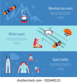  Set of winter sport banners. Skating and mountain, snow and recreation, travel outdoor, equipment, cloths. 