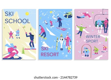 Set of Winter Sport banners. Ski School with group of student skiers and instructor. Ski Resort with people have relax and snowsport fun. Flat Art Vector Illustration