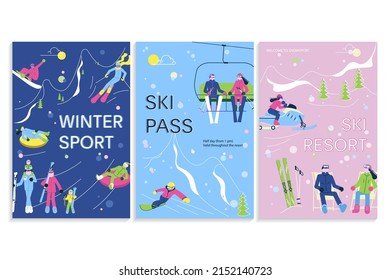 Set of Winter Sport banners. Ski School with group of student skiers and instructor. Ski Resort with people have relax and snowsport fun. Flat Art Vector Illustration