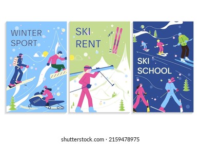 Set of Winter Sport banners. Ski School with group of student skiers and instructor. Ski Resort with people have relax and snowsport fun. Flat Art Vector Illustration