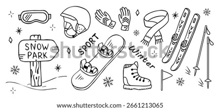 Set of winter sport elements: snowboard, skis, boots, helmet, gloves, goggles, scarf, poles. Hand-drawn black and white vector doodle. Perfect for posters, prints, web, kids projects, and stickers.
