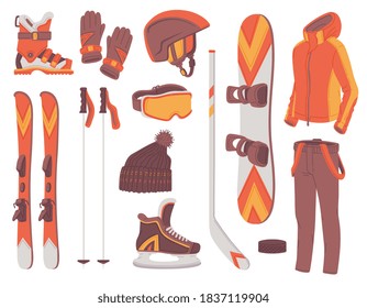 Set of winter sport equipment and clothing for snowboard and ski, flat vector illustration isolated on white background. Sportive outfit for winter activity.