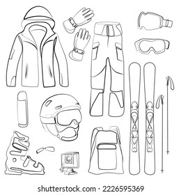 Set of winter sport.Ski equipment collection vector illustration.Skiing accessories Line drawing .Skis,protective sports mask, hat, winter gloves, warm jacket,boots,go pro camera black white sektch