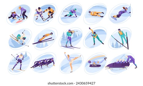 Set of winter sport, extreme activity, collection of ice skating, snowboarding, hockey, skiing, downhill racing, biathlon, bobsleigh. Cute cartoon design. Healthy lifestyle. Vector illustration