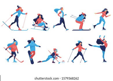 Set of Winter sport illustrations. Winter games. Woman doing ice skating, skiing, snowboarding, girl on sledge, Hockey, curling, skier, simple skater, outdoor snow games, cartoon characters. Vector