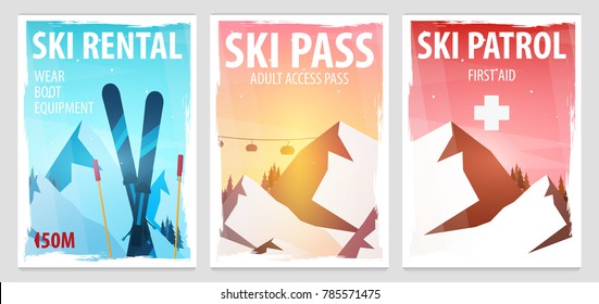 Conjunto de cartazes de Desporto de Inverno. Aluguel de Esqui, Patrulha, Passe. Paisagem de montanha. Snowboarder em movimento. Ilustração vetorial