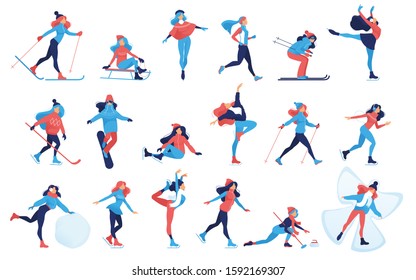 Set of Winter sport and recreation illustrations. Girls doing ice skating, skiing, snowboarding, girl on sledge, Hockey, curling, skier, simple skater, outdoor snow games, cartoon characters. Vector