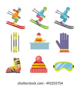 Set of winter sport vector icons. Flat design. Man on ski sliding, ski, hat, goggles, gloves, boots, reception. Cold season entertainments and sport. For app buttons, infogpaphics, logo, web design