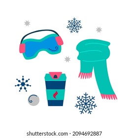 Set Winter Sports Accessories, scarf, goggles, thermo cup of coffee and snowflake. Object group flat vector cartoon illustration of winter-time activity isolated on white background.