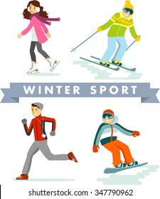 Set of winter sports and activities in flat style. People in sports winter vacation - skiing, skating, snowboarding, jogging