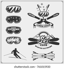 Set of winter sports emblems, labels and design elements. Skiing, downhill, slalom.