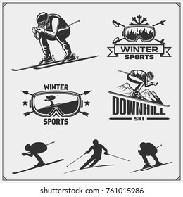 Set of winter sports emblems, labels and design elements. Skiing, downhill, slalom.