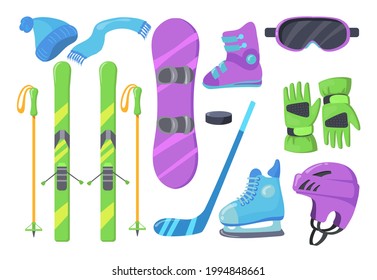 Set of winter sports equipment. Cartoon vector illustration. Hat, scarf, gloves, helmet, skis, ski poles, snowboard, skates, puck, ski goggles. Snow, winter, sport, activity, leisure concept