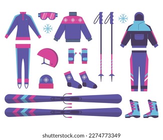 Set of winter sports equipment and clothing icons, flat cartoon vector illustration isolated on white background. Mountain skiing and snowboarding winter sport.