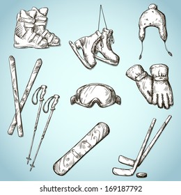 set of winter sports equipment doodle style