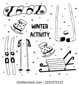 Set of winter sports equipment for outdoor activities. Skis and sleds, snowboard and ice skates, puck and hockey sticks. Black and white vector isolated illustration hand drawn doodle