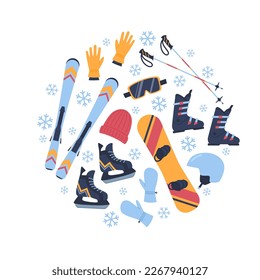 Set of winter sports equipment, round composition flat style, vector illustration isolated on white background. Snowboard, skates and skis, leisure, activities