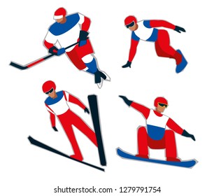 Set of winter sports figures. Red-blue-white sports uniform. Vector graphics