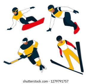 Set of winter sports figures. Yellow and black and white sportswear. Vector graphics
