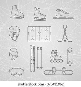Set of winter sports icons in a line style. Vector illustration.