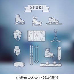 Set of winter sports icons in a line style. Vector illustration.