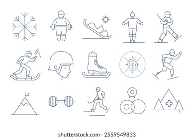 set of winter sports line icons. Contains icons speed skating, figure skating, snowboarding, alpine skiing, biathlon, curling, hockey, ski jumping, medal and more. 
illustration vector on white backgr