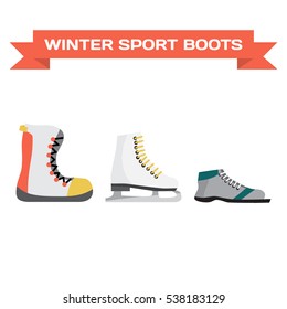Set of winter sports shoes. Skiing, skating, snowboarding. Flat vector illustration isolated on white background