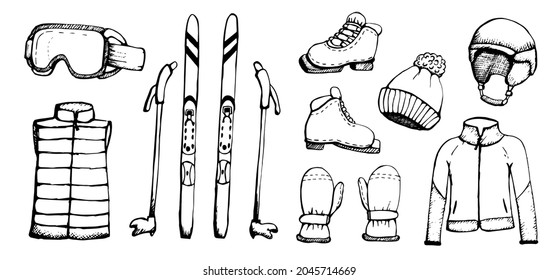 Set of winter sports. Ski equipment in black outline. Skis, protective sports mask, hat, winter gloves, warm jacket. Illustration of skis in black outline vector.