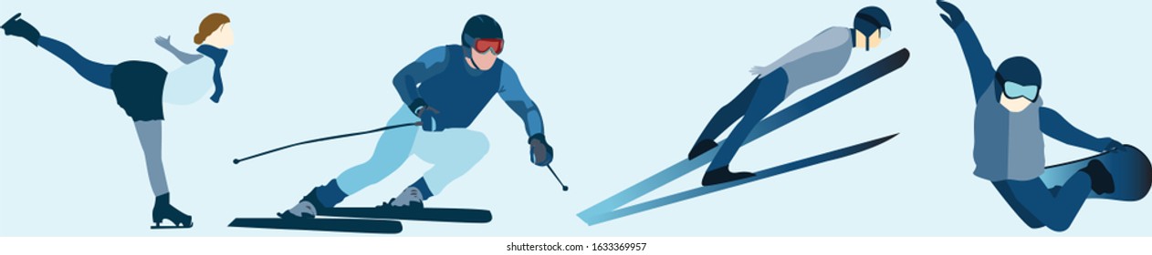 set of Winter sports sportsmen, athletes; snowboarding, skating, ice skiing, Vector illustration.