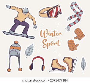 set of winter sports stickers with man doing snowboarding