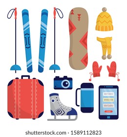 Set of winter sports and traveling equipment flat vector illustration isolated on white background. Tourists items for winter season vacation and recreation.