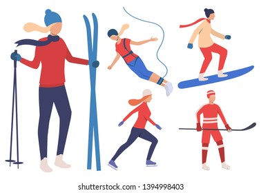 Set of winter sportsmen. Group of men and women skiing, skating, snowboarding, playing hockey. Sport concept. Vector illustration can be used for topics like hobby or activity