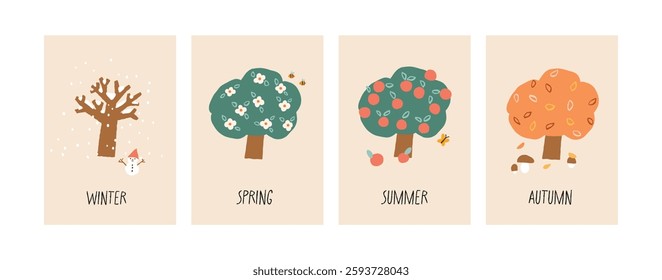 Set of winter, spring, summer and autumn posters. Hand drawn vector illustration of the four seasons. All elements are isolated.