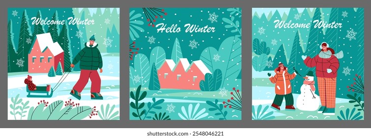 Set of winter square backgrounds. Welcome winter. Dad takes the child on sled. Child is building  snowman with his mother. Landscape with house at night. Ideal for greeting cards, sales. Vector