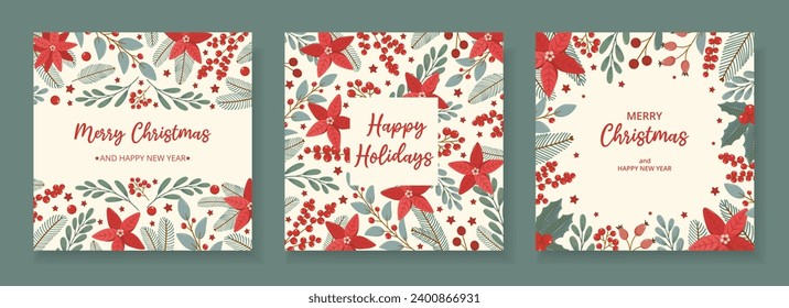 Set winter square festive cards on white background with Christmas text in flat vector style. Hand drawn christmas tree branches, poinsettia, red berries, mistletoe. Holiday seasonal floral decoration