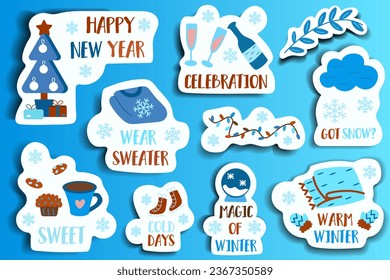 Set of winter stickers in cartoon design. This stickers are designed with captivating illustrations and conveniently labeled titles for your creative endeavors. Vector illustration.