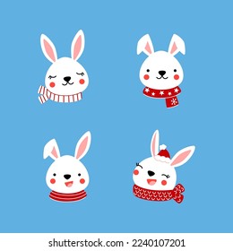 A set of winter stickers with cute little bunny faces. Funny kawaii rabbits hand drawn in flat style. Kids vector illustration for printing on any surface