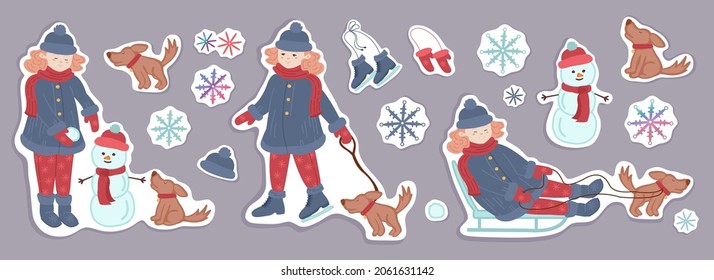 A set of winter stickers with a girl playing with a dog in the street. The girl walks with the dog makes a snowman, skates and sleigh rides. Winter elements vector illustration.