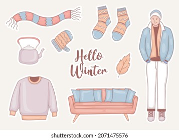 set of winter stickers with man and some element