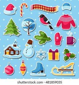 Set of winter stickers. Merry Christmas, Happy New Year holiday items and symbols.