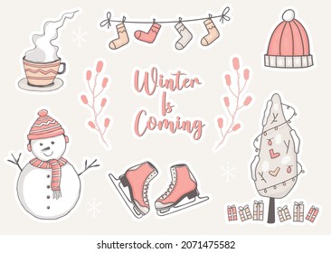 set of winter stickers with snowman and some element