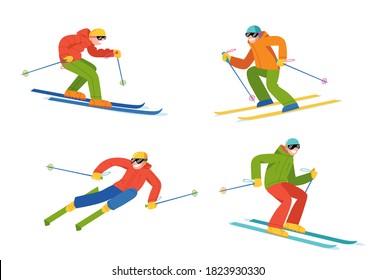 Set of winter stortsmen skiers for ski resort poster. Modern style people doing winter sports. Snowboard and ski activities, freestyle sportsman. High detailed male and female figures. 