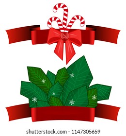 Set of winter stripe branch with bow and ribbon, sweet candy and snowflakes isolated on white background