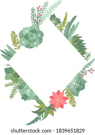 Set of winter succulents wreathes and frames. Wedding invitations, Christmas cards, birthday cards. Winter cactus design.