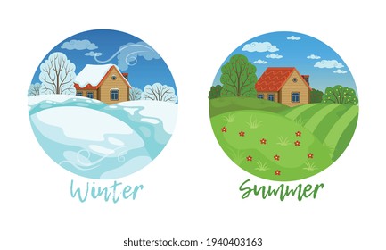 Winterlandschaft und Sommerlandschaft, Naturseasons, Aussicht auf das kleine Haus in der Natur Landschaft Landschaft Landschaft Karikatur Vektorgrafik