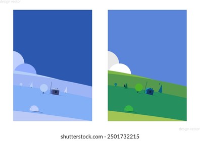 Set of winter and summer minimalist landscapes ready for print. Vector illustration. Weather app background and wallpapers